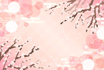 梅の枝と舞い散る花びらの和風イラスト_横1 - obrazy, fototapety, plakaty