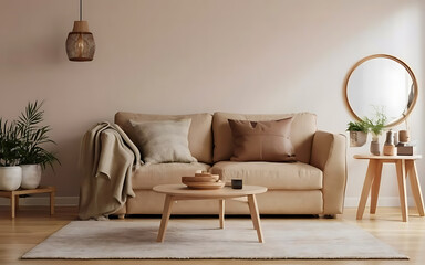 Scandinavian home interior design of modern living room, beige sofa, pillows, blanket. Generative ai