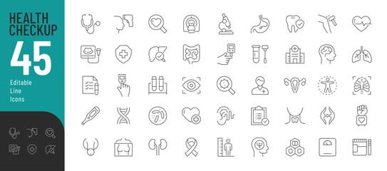 Health Checkup Line Editable Icons set. Vector illustration in modern thin line style of medical icons:  instruments, research, organs, tests, and viruses. Pictograms and infographics for mobile apps - obrazy, fototapety, plakaty
