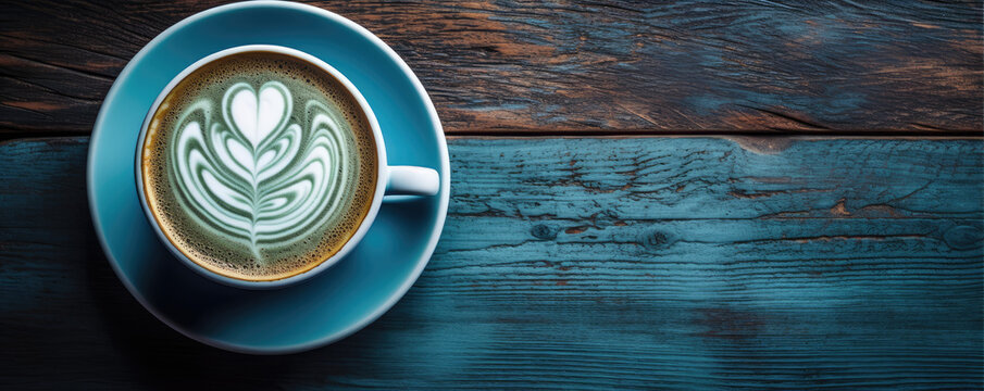 Top view of matcha latte on wooden background in blue color.