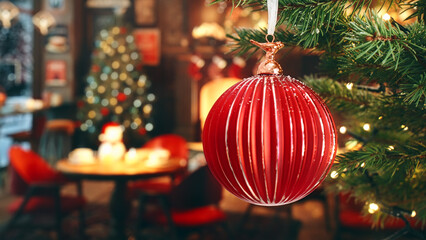 Christmas tree red glass ball on branch decorates on background bokeh of side flickering golden light bulbs garlands snow family holiday concept Happy New Year. Festival mood. Positive emotion Noel