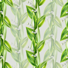 Watercolor seamless pattern with bouquets of lilies of the valley flowers isolated on background. Spring and Easter hand painted illustration. For designers, wedding, decoration, postcards, wrapping 