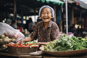 Elderly asian lady on the food market - obrazy, fototapety, plakaty