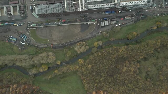 Bird's Eye View Of Canal And Collinstown Industrial Park With Intel Corporation Plant In Leixlip, Kildare, Ireland. - aerial shot