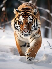 Tiger in wild winter nature. Amur tiger running in the snow.