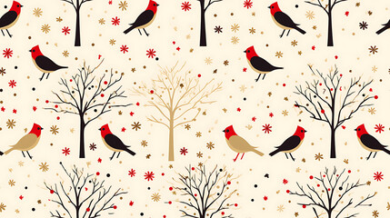 Christmas design with Birds and floral - Seamless tile. Endless and repeat print.
