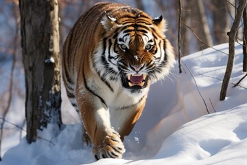 Fototapeta na wymiar Angry ussurian tiger in a snowy forest