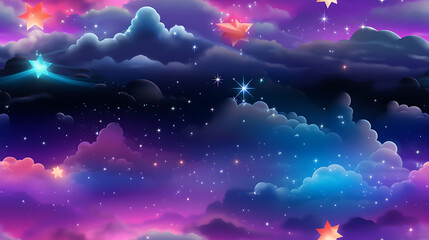 Fototapeta premium background with cartoon stars and clouds - Seamless tile. Endless and repeat print. 