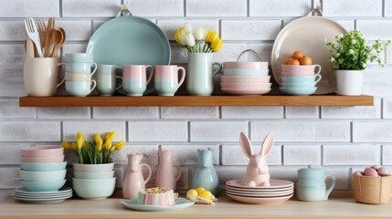 close up of the kitchen shelf and counter with pastel ceramics, blue and pink plates and cups, flowers and ceramic easter bunnies