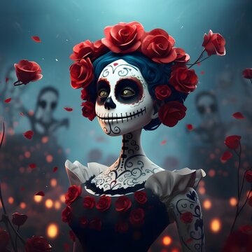 Monster, death, woman with sewn mouth decorated with roses on dark gray background. For the day of the dead and Halloween.