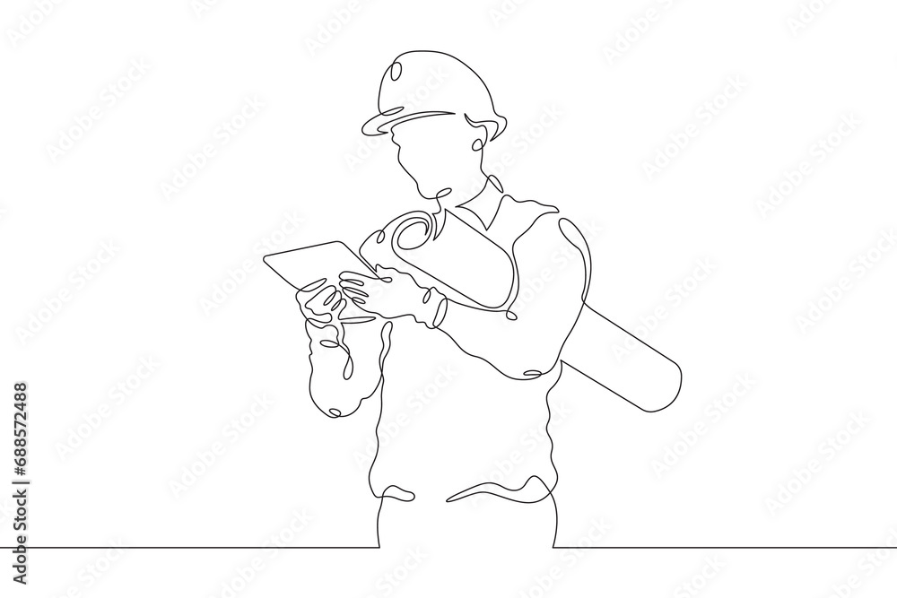 Poster engineer at work at a construction site. engineer in a helmet. construction. one continuous line dra