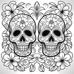 Decorated with two human skulls, decorated all around with flowers. For the day of the dead and halloween. Black and white picture coloring book.