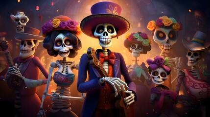Fun, festive, cheerful skeletons and skeletons around, candles and darkness darkness. For the day of the dead and Halloween.