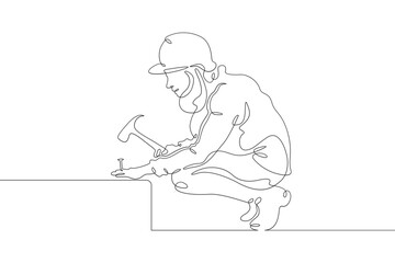 A woman works at a construction site. Woman builder. Handyman. Wrench. Repair. One continuous line drawing. Linear. Hand drawn, white background. One line.