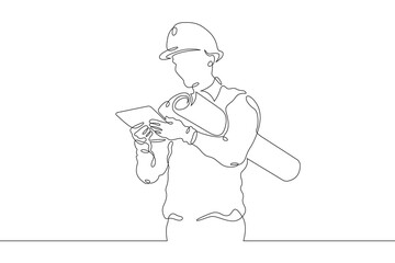 Engineer at work at a construction site. Engineer in a helmet. Construction. One continuous line...