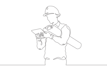 Engineer at work at a construction site. Engineer in a helmet. Construction. One continuous line drawing. Linear. Hand drawn, white background. One line.