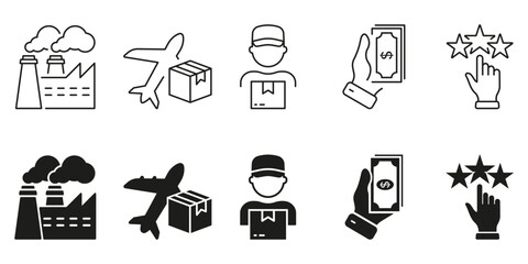 Business Supply Chain Line and Silhouette Icon Set. Distribution Industry Symbol Collection. Commercial Service Pictogram. Factory Production, Delivery, Payment, Rate. Isolated Vector Illustration