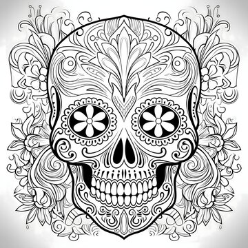 Decorated skull with flowers in the eyes, decorated all around with flowers. For the day of the dead and halloween. Black and white picture coloring book.