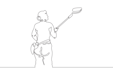 Woman painter. Female character painting walls at construction site. Woman painter with roller and paint. Handyman. Wrench. Repair. One continuous line drawing. Linear. Hand drawn, white background. O