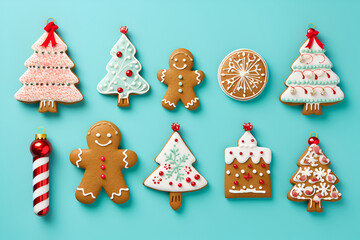 Christmas decorations on a blue background. Table top view. Generated AI
