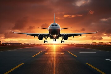 Fototapeta na wymiar Airplane Landing In The Airport Runway With Sunset background