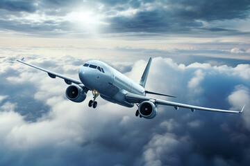 Naklejka na ściany i meble Flying Airplane In The Cloudy Sky Background