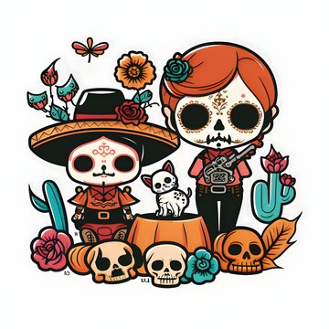 Two dark, cowboys, around the skull. For the day of the dead and Halloween, white isolated background.