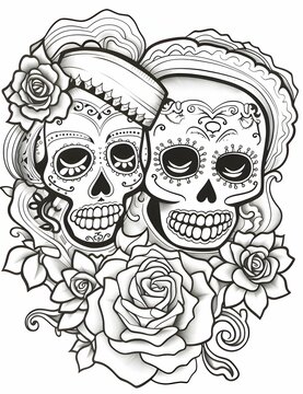 Two painted skulls with teeth, decorated with roses. For the day of the dead and halloween. Black and white picture coloring book.