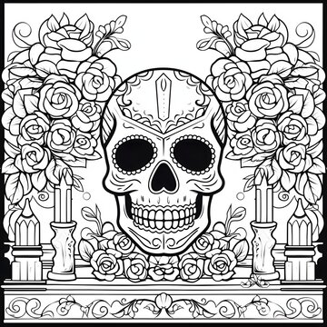 Skull on a home altar around, roses, flowers. For the day of the dead and halloween. Black and white picture coloring book.