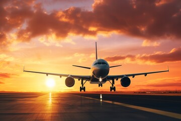 Fototapeta na wymiar Airplane Landing In The Airport Runway With Sunset background