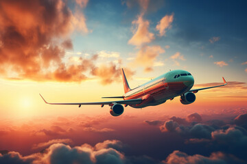Flying Airplane with sunset on Background