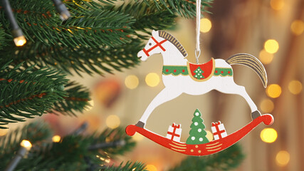 Christmas concept Christmas tree  decoration wooden toy horse rotate on branch tree on background bokeh of side flickering light bulbs garlands for family holiday Happy New Year. Festival mood