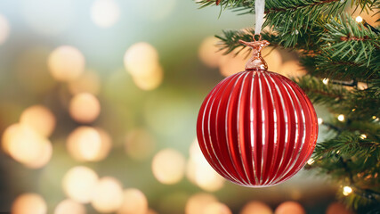 Christmas concept decorative red glass ball rotate on branch tree on background bokeh of side flickering light bulbs garlands for family holiday Happy New Year. Festival mood. Positive emotion. Noel