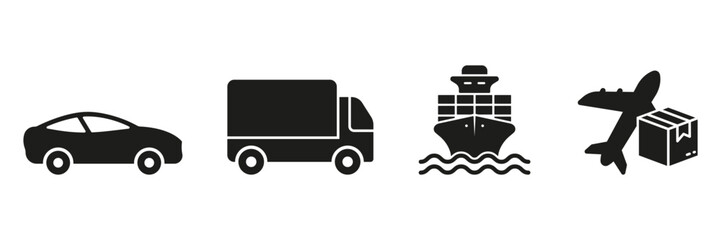 Transport For Delivery Service Silhouette Icon Set. Car, Truck, Ship, Plane Symbol Collection. Cargo Shipment And Transportation Pictogram. Shipping Vehicle Solid Sign. Isolated Vector Illustration