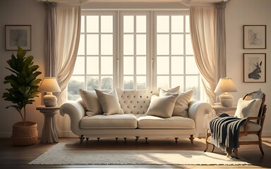 Minimalist pop art style home interior design of living room, pillows on corner sofa. Generative ai