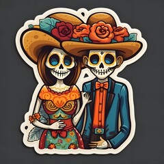 Sticker; couple of skeletons elegantly dressed man with hat, woman with roses in her hair.