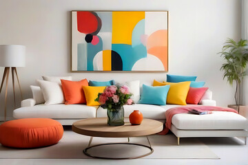 Scandinavian home interior design of modern living room with pillows coffee table, sofa. Generative ai