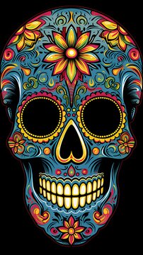 Painted, colorful, large human skull. For the day of the dead and Halloween, black isolated background.