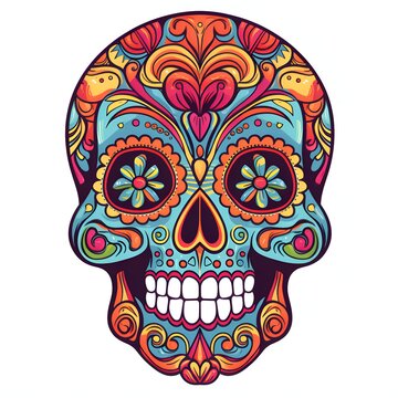 Painted, colorful, large human skull. For the day of the dead and halloween, white isolated background.