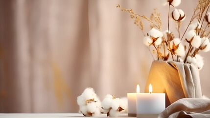 A stylish table with cotton flowers and aroma candles near the light wall. Banner for design,A stylish table with cotton flowers and aroma candles near the light wall. Banner for design,Flowers candle