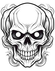 Sinister human skull. For the day of the dead and halloween. Black and white picture coloring book.
