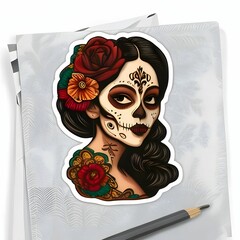 Sticker of a woman with long hair and skull makeup on her face with flowers in her hair. For the day of the dead and halloween, white isolated background.