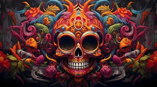 Colorful, decorated skull, human, graffiti, banner. For the day of the dead and Halloween.