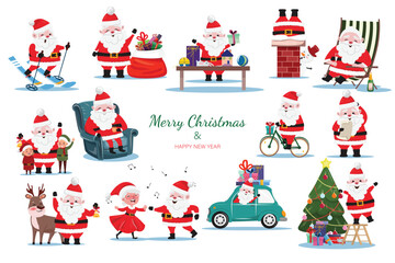 Santa Claus collection in flat cartoon style. Santa Claus in different situations and scenes.