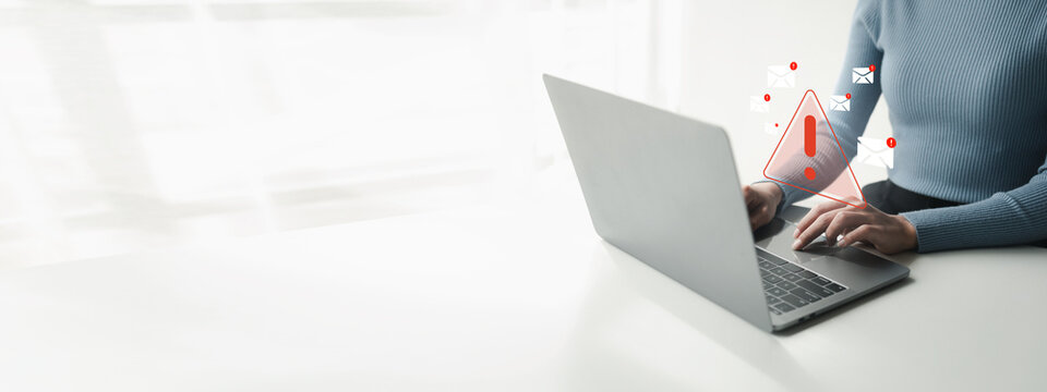 Spam email inbox notification, virus detection sent with email, warning to prevent computer virus infection, virus scanning, spam email dangerous equipment, warning symbol.