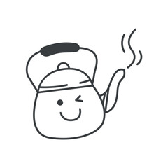 Camping element of set in black line design. Highlighting of the the cozy camping vibes with a black-outlined teapot, a must-have for outdoor adventures. Vector illustration.