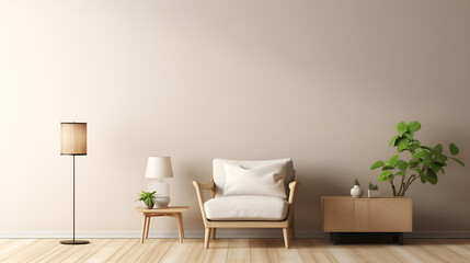 A soft, minimalist living room is showcased with a warm neutral interior wall mockup. The room features a rounded armchair in a beige shade, accompanied by a wooden side table. A vase with a palm leaf