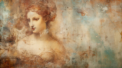 Retro fresco painting Renaissance vintage old wall with peeling paint beautiful girl woman photo...