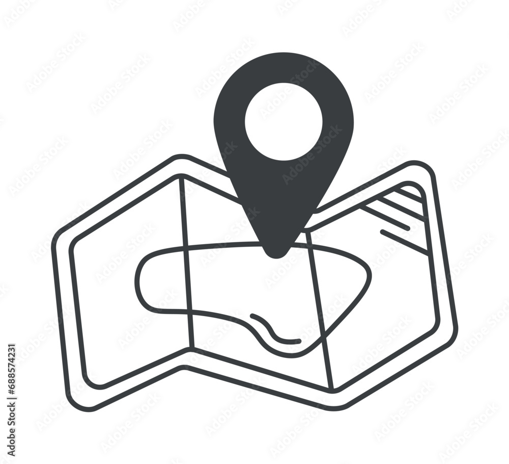 Poster camping element of set in black line design. camping journey with a black-outlined map and pointer i