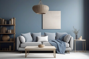 Scandinavian home interior design of modern living room. Grey sofa with blue pillows. Generative ai